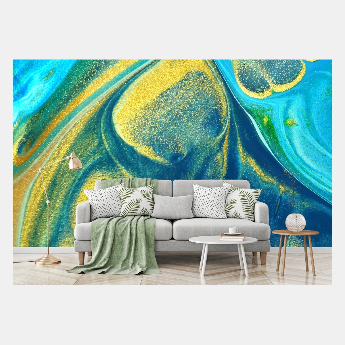 Carta da parati isola astratta in oceano blu e oro • Wallissimo® Carta da parati isola astratta in oceano blu e oro • Wallissimo®