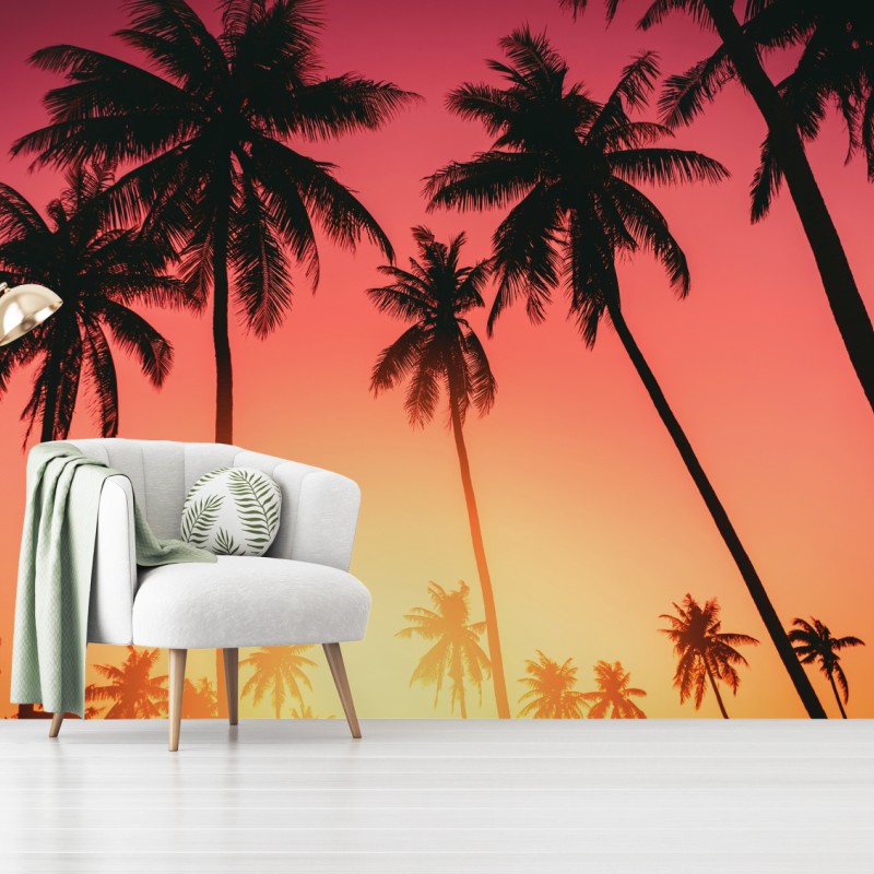 Carta da parati tramonto tropicale con palme in silhouette
