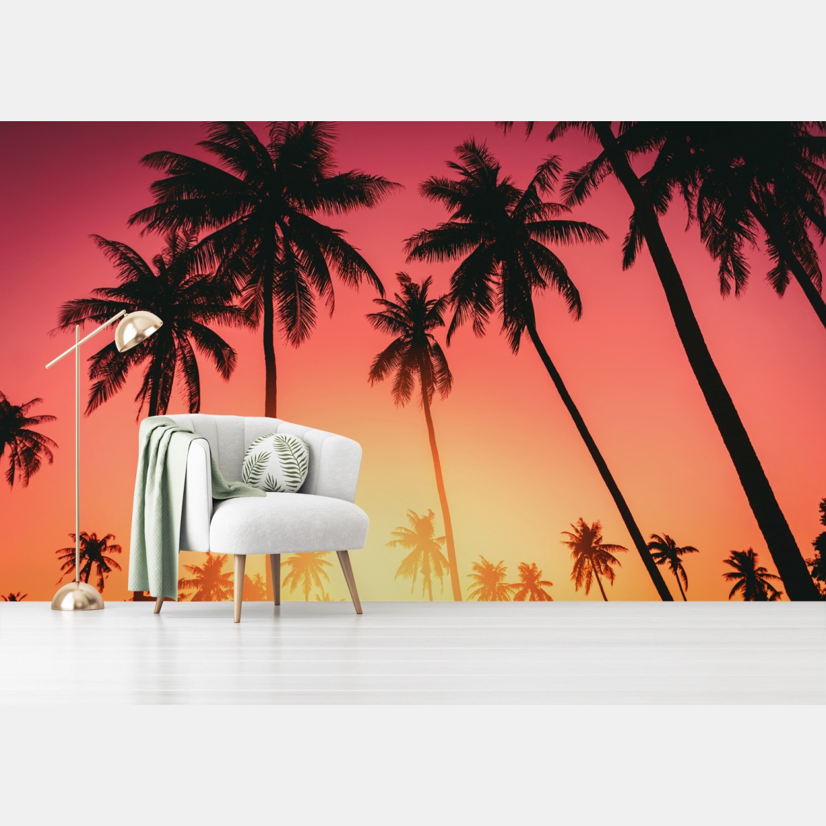 Carta da parati tramonto tropicale con palme in silhouette • Wallissimo®