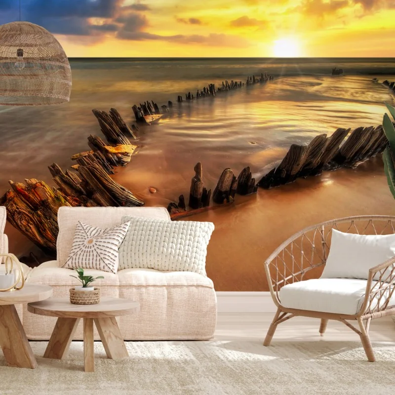 Carta da parati relitto al tramonto a Rossbeigh, Irlanda