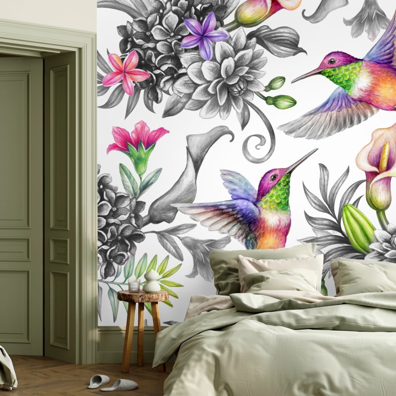 Carta da parati giardino paradisiaco di colibrì e fiori tropicali