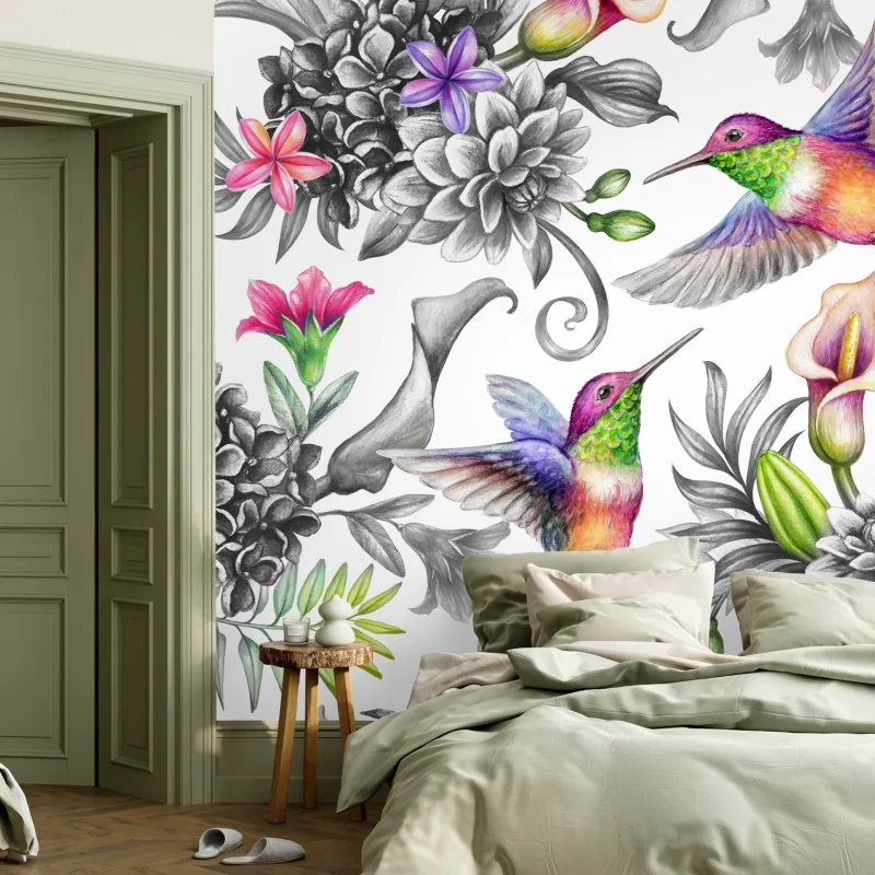 Carta da parati giardino paradisiaco di colibrì e fiori tropicali