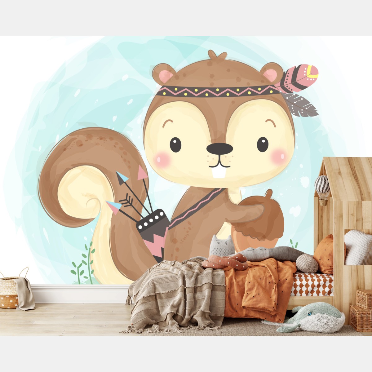 Carta da parati dolce scoiattolo boho con ghianda • Wallissimo® Carta da parati dolce scoiattolo boho con ghianda • Wallissimo®
