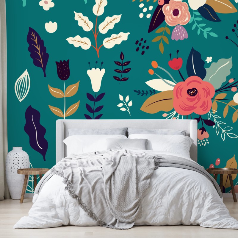 Carta da parati composizione floreale stilizzata su sfondo turchese