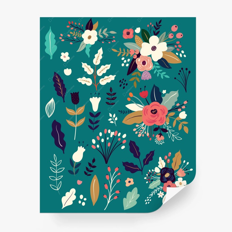Carta da parati composizione floreale stilizzata su sfondo turchese