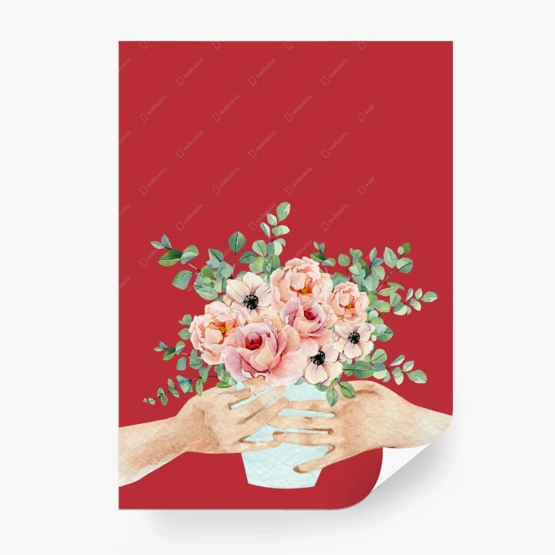 Carta da parati bouquet di rose e eucalipto su sfondo rosso