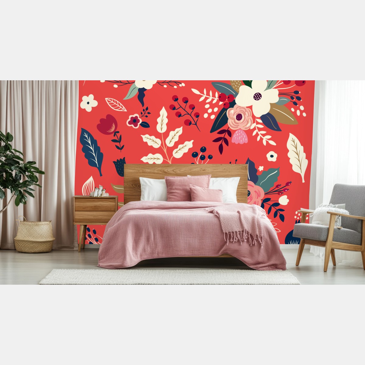 Carta da parati motivo floreale corallo con fiori e foglie decorative • Wallissimo®