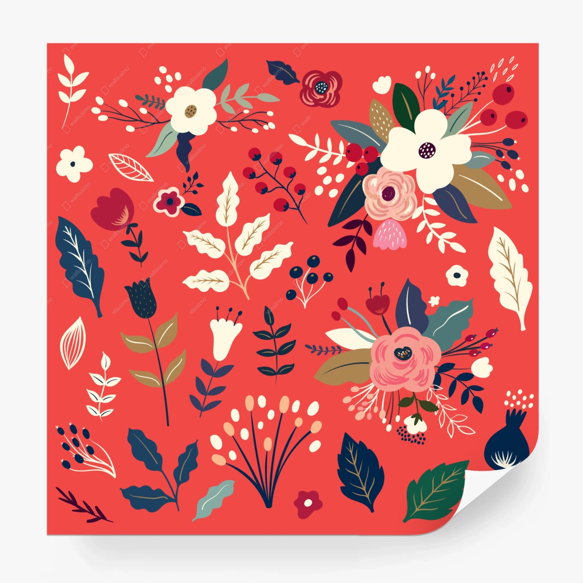 Carta da parati motivo floreale corallo con fiori e foglie decorative • Wallissimo®