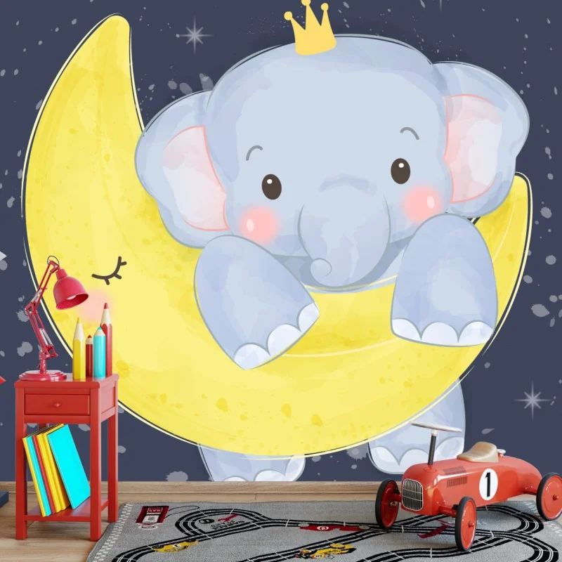 Carta da parati elefantino con corona sulla luna