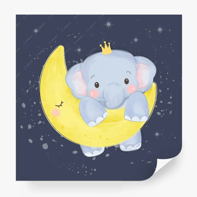 Carta da parati elefantino con corona sulla luna