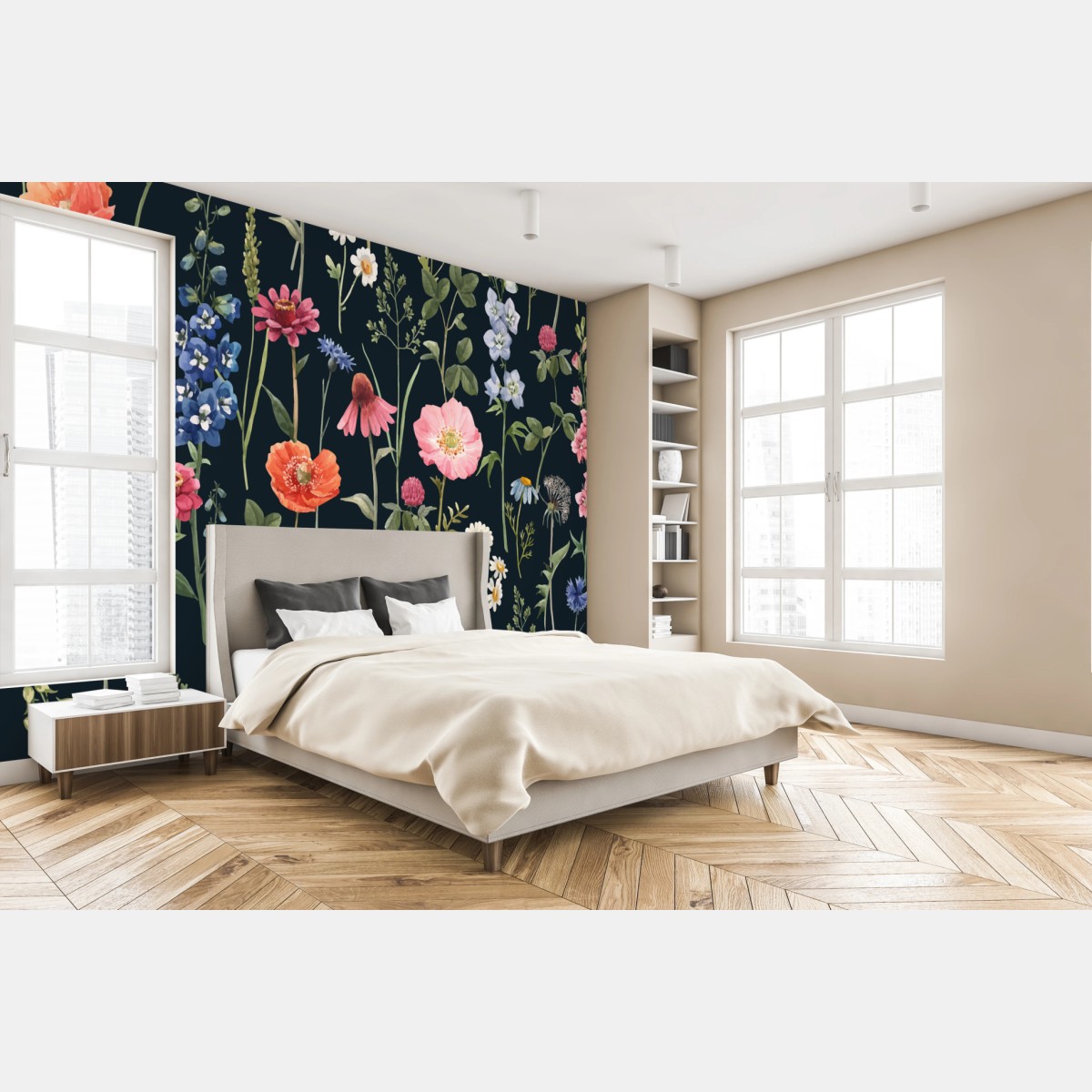 Carta da parati motivo floreale acquerellato su sfondo scuro • Wallissimo®