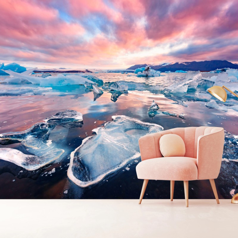 Carta da parati tramonto rosa sulla laguna di ghiaccio