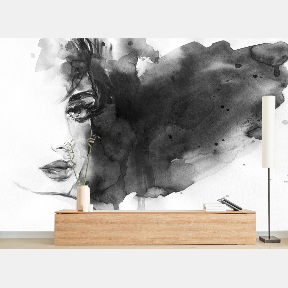 Carta da parati ritratto femminile in acquerello e inchiostro • Wallissimo® Carta da parati ritratto femminile in acquerello e inchiostro • Wallissimo®