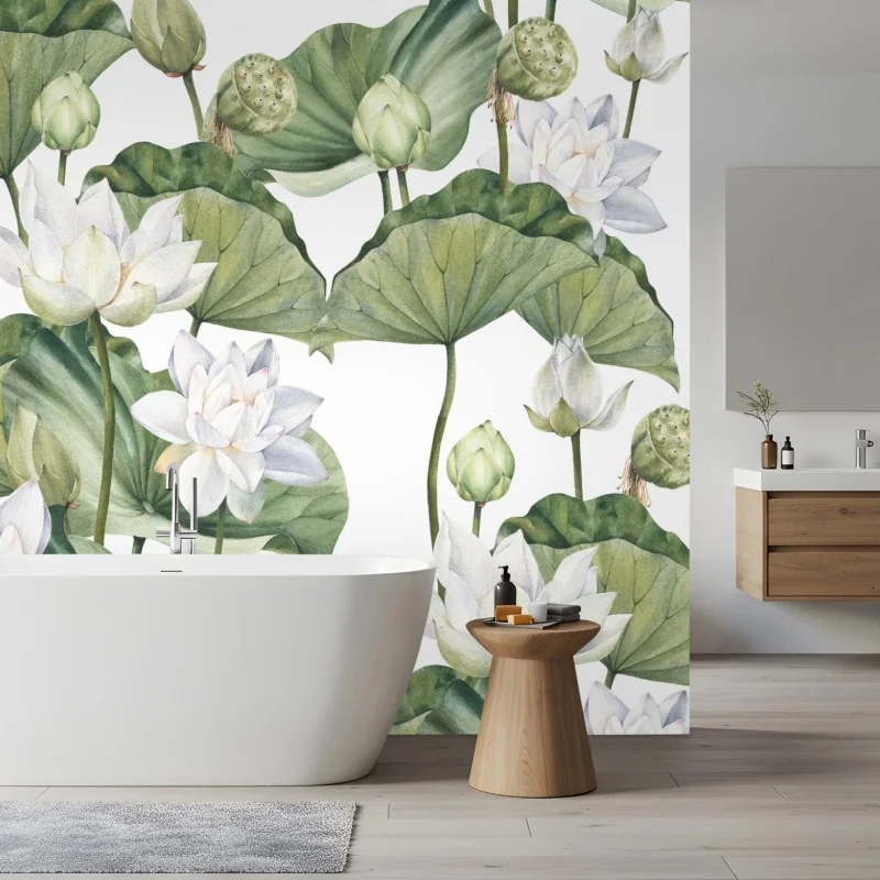 Carta da parati eleganza di loto bianco in acquerello