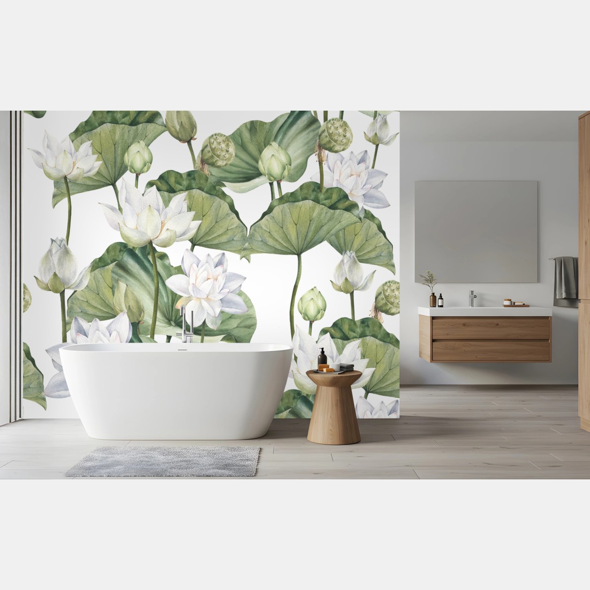 Carta da parati eleganza di loto bianco in acquerello • Wallissimo®