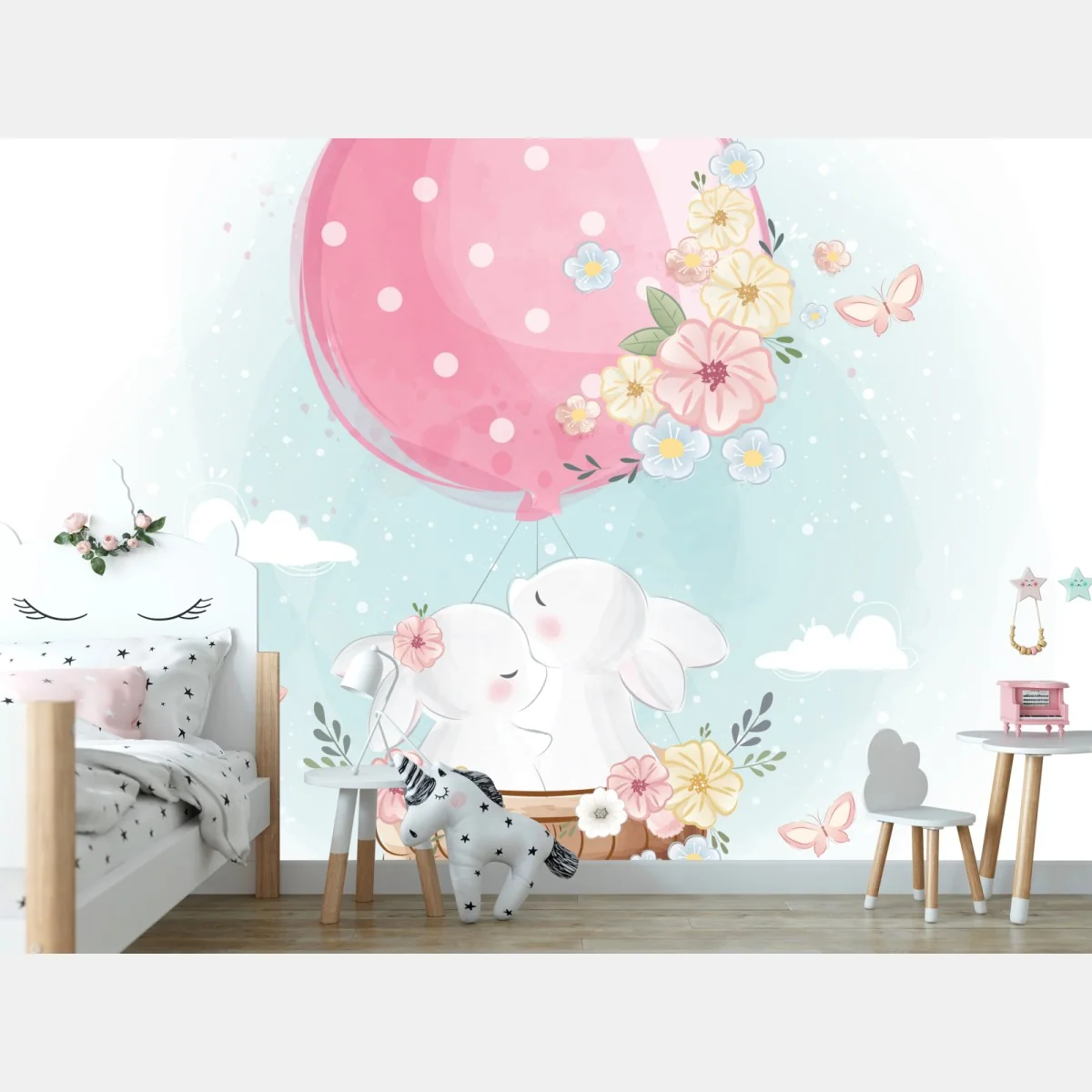 Carta da parati coppia di coniglietti sul palloncino floreale • Wallissimo® Carta da parati coppia di coniglietti sul palloncino floreale • Wallissimo®