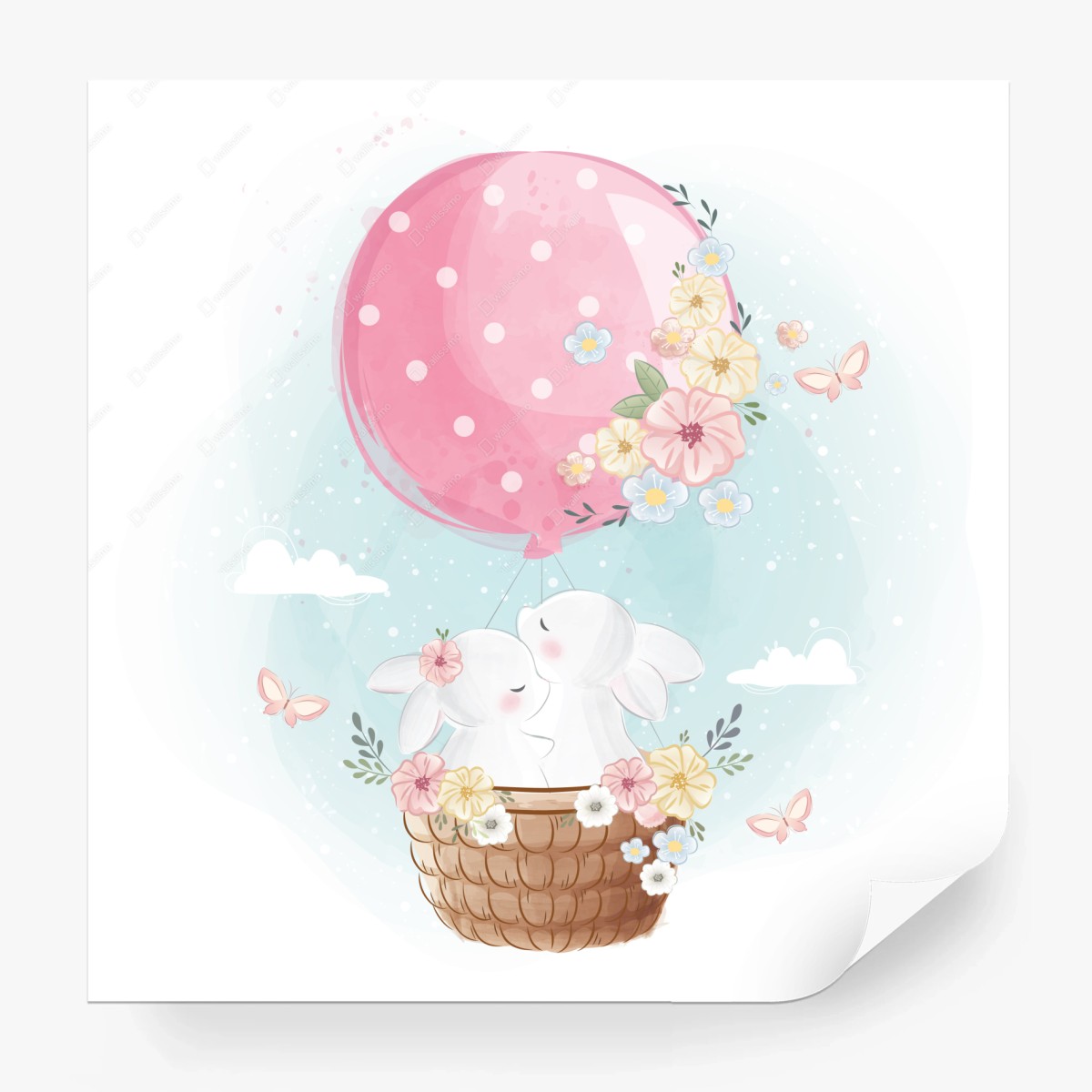 Carta da parati coppia di coniglietti sul palloncino floreale • Wallissimo® Carta da parati coppia di coniglietti sul palloncino floreale • Wallissimo®