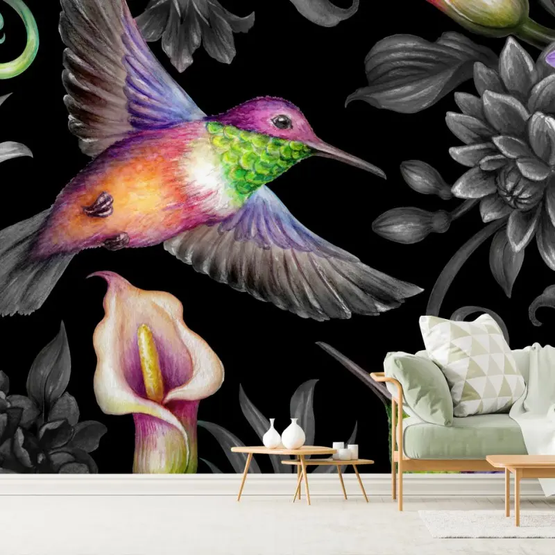 Carta da parati giardino paradisiaco notturno con colibrì e fiori tropicali • Wallissimo®
