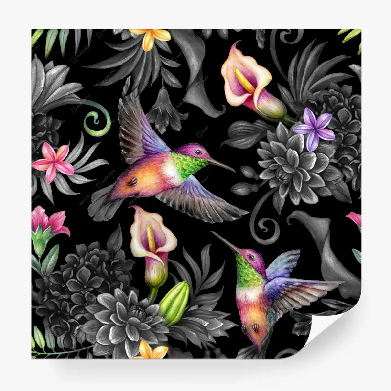 Carta da parati giardino paradisiaco notturno con colibrì e fiori tropicali • Wallissimo®