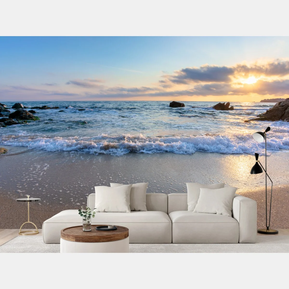 Carta da parati alba dorata sulla spiaggia rocciosa • Wallissimo® Carta da parati alba dorata sulla spiaggia rocciosa • Wallissimo®