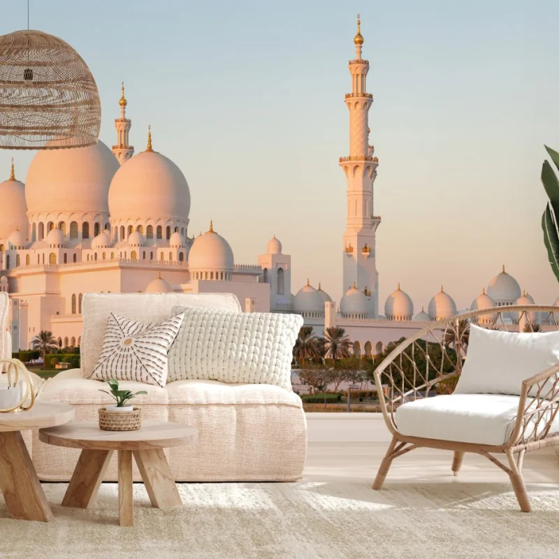 Carta da parati panoramica della moschea bianca al tramonto di Abu Dhabi