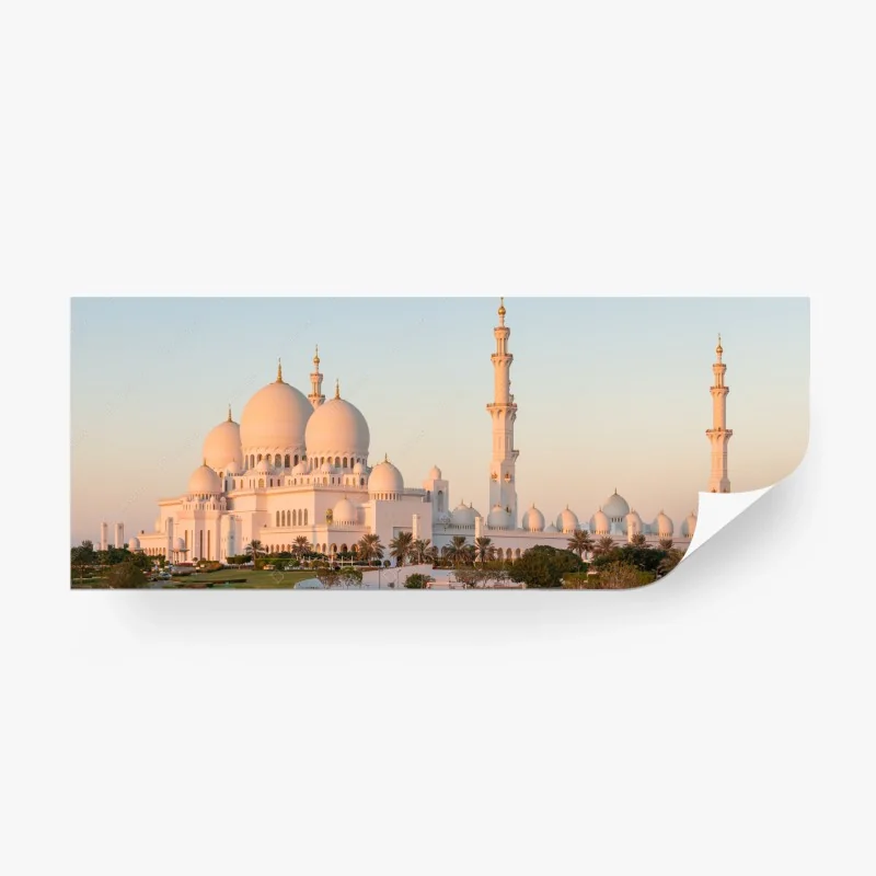 Carta da parati panoramica della moschea bianca al tramonto di Abu Dhabi