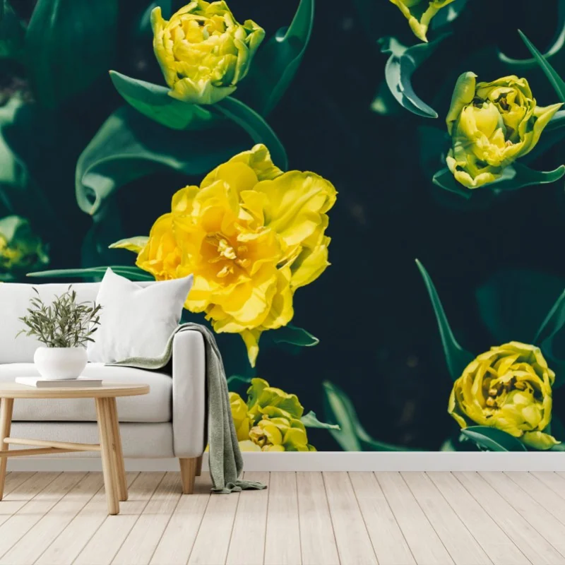 Carta da parati tulipani gialli su sfondo verde scuro • Wallissimo® Carta da parati tulipani gialli su sfondo verde scuro • Wallissimo®