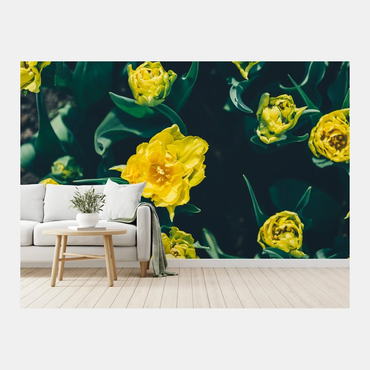 Carta da parati tulipani gialli su sfondo verde scuro • Wallissimo® Carta da parati tulipani gialli su sfondo verde scuro • Wallissimo®