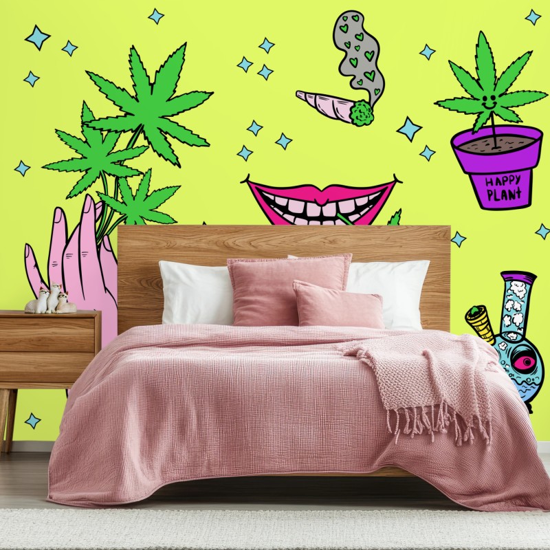 Carta da parati vibes psichedeliche con foglie di cannabis e arcobaleno