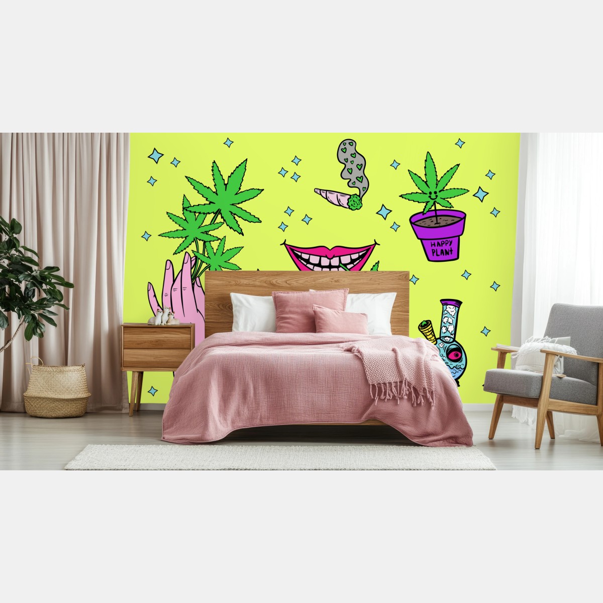 Carta da parati vibes psichedeliche con foglie di cannabis e arcobaleno • Wallissimo®