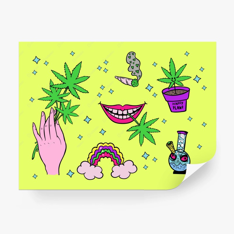 Carta da parati vibes psichedeliche con foglie di cannabis e arcobaleno