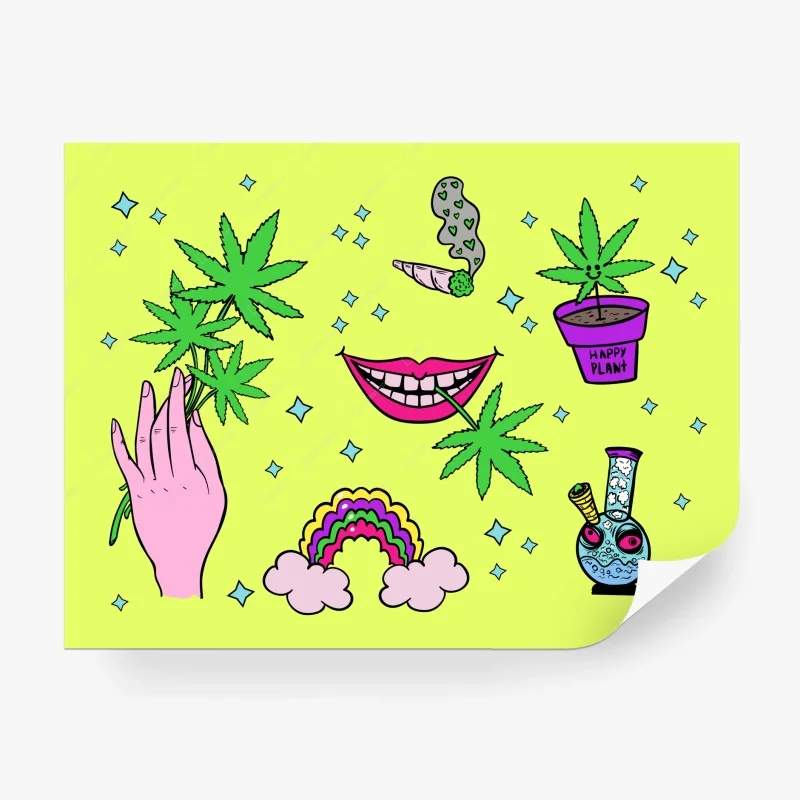 Carta da parati vibes psichedeliche con foglie di cannabis e arcobaleno