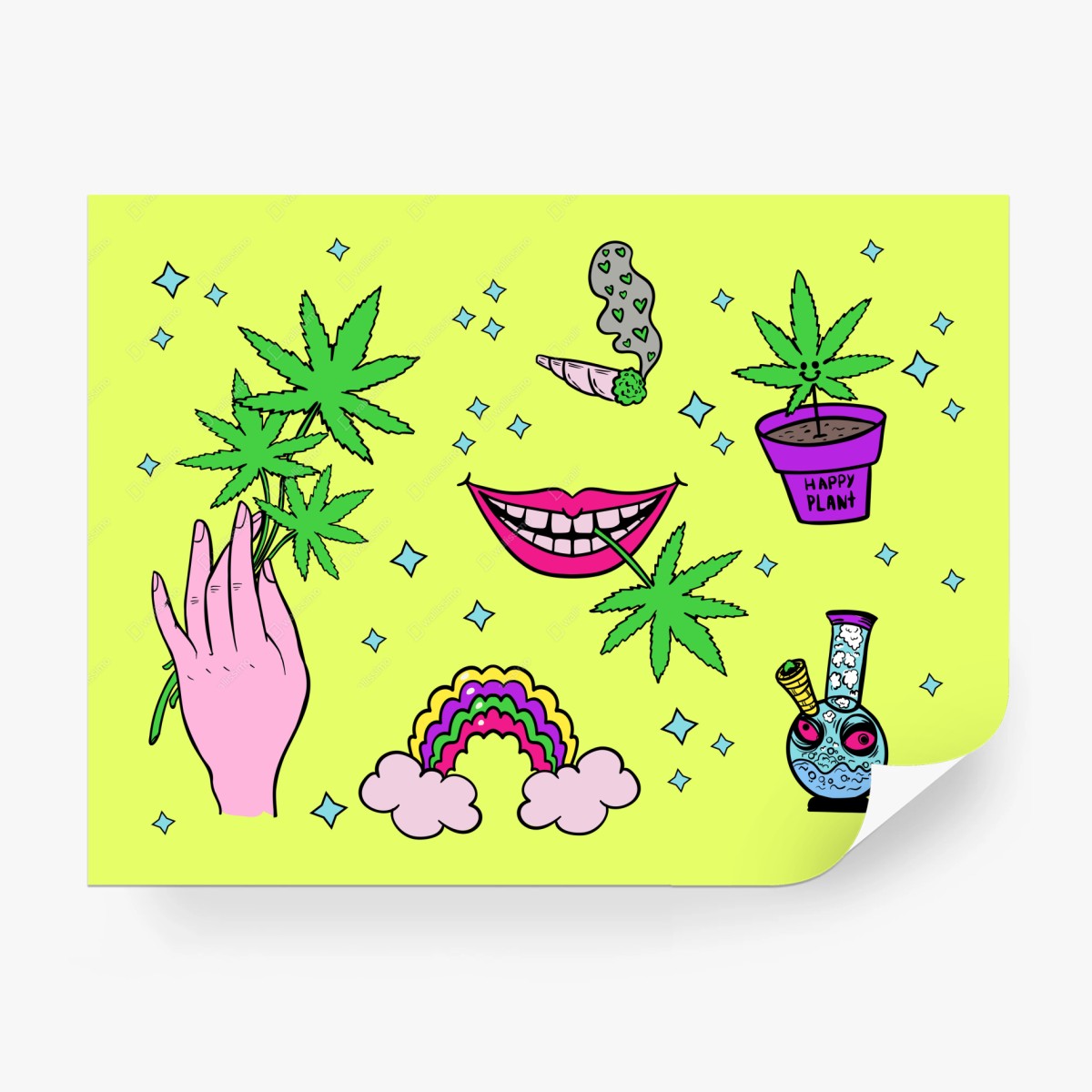 Carta da parati vibes psichedeliche con foglie di cannabis e arcobaleno • Wallissimo®