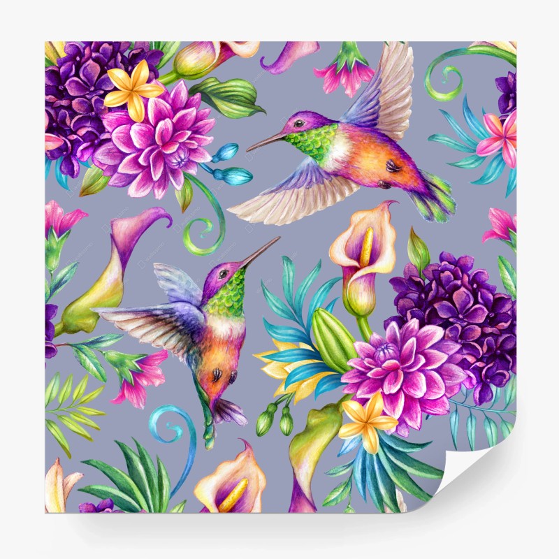 Carta da parati colibrì e fiori tropicali su sfondo viola