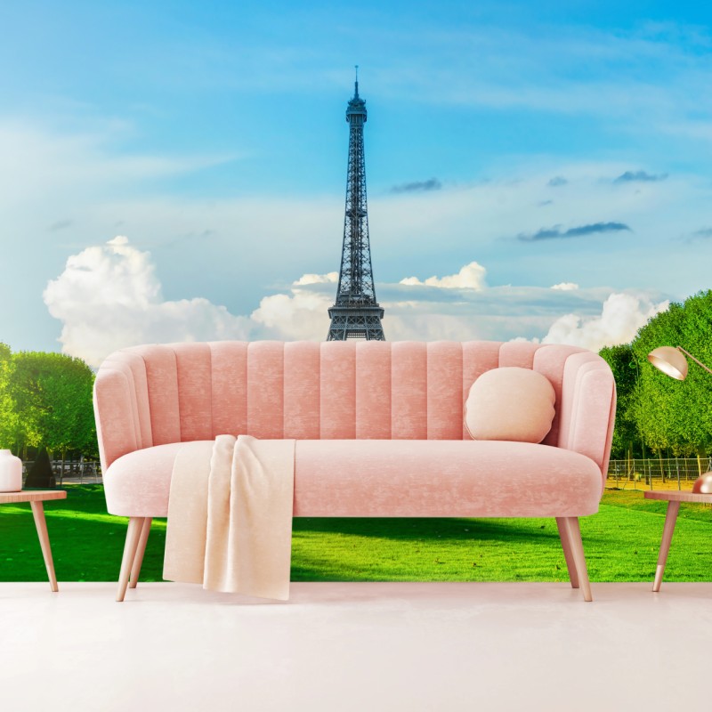 Carta da parati vista panoramica della Torre Eiffel tra gli alberi