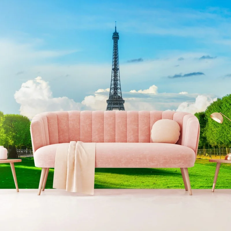 Carta da parati vista panoramica della Torre Eiffel tra gli alberi