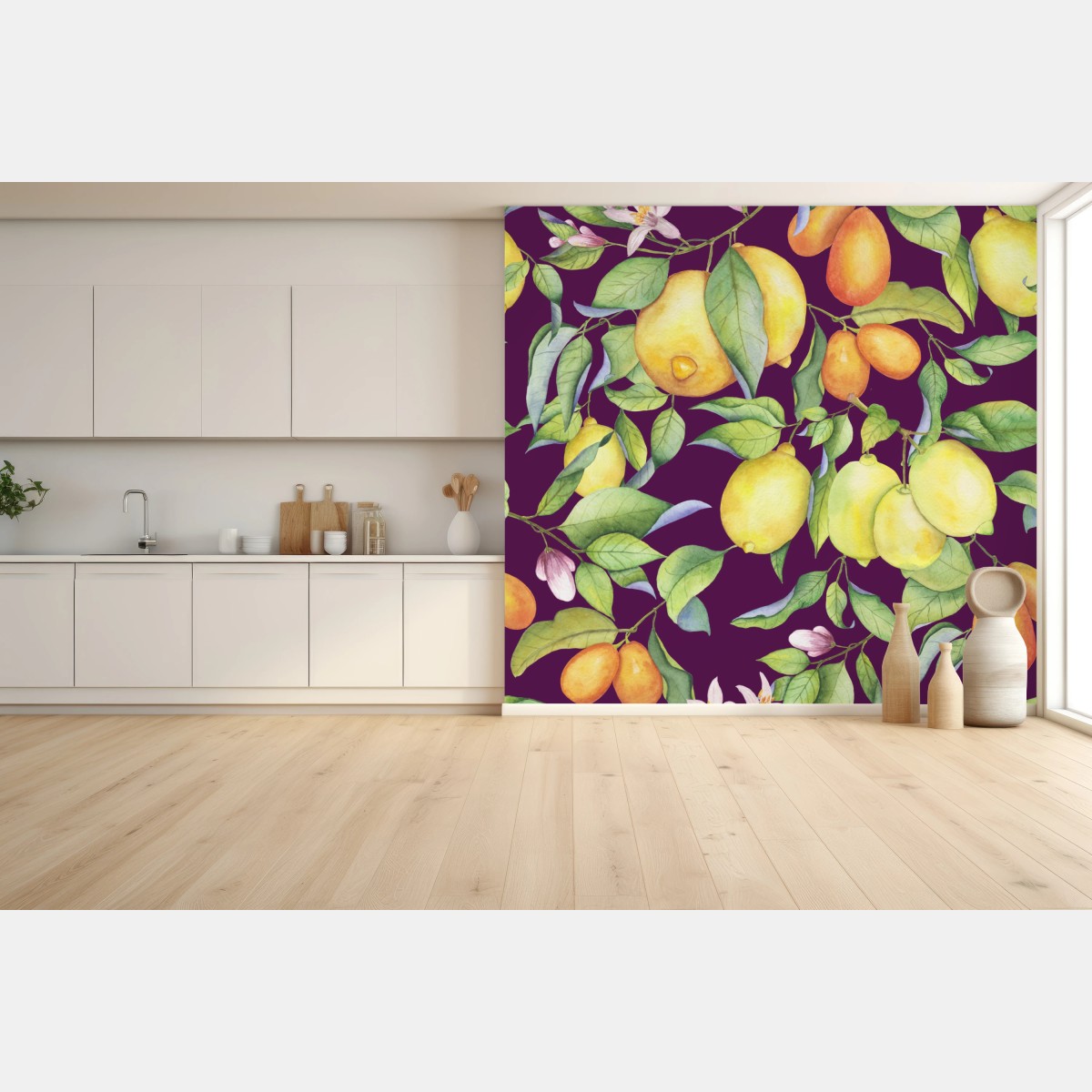 Carta da parati motivo di agrumi e foglie su sfondo viola • Wallissimo® Carta da parati motivo di agrumi e foglie su sfondo viola • Wallissimo®