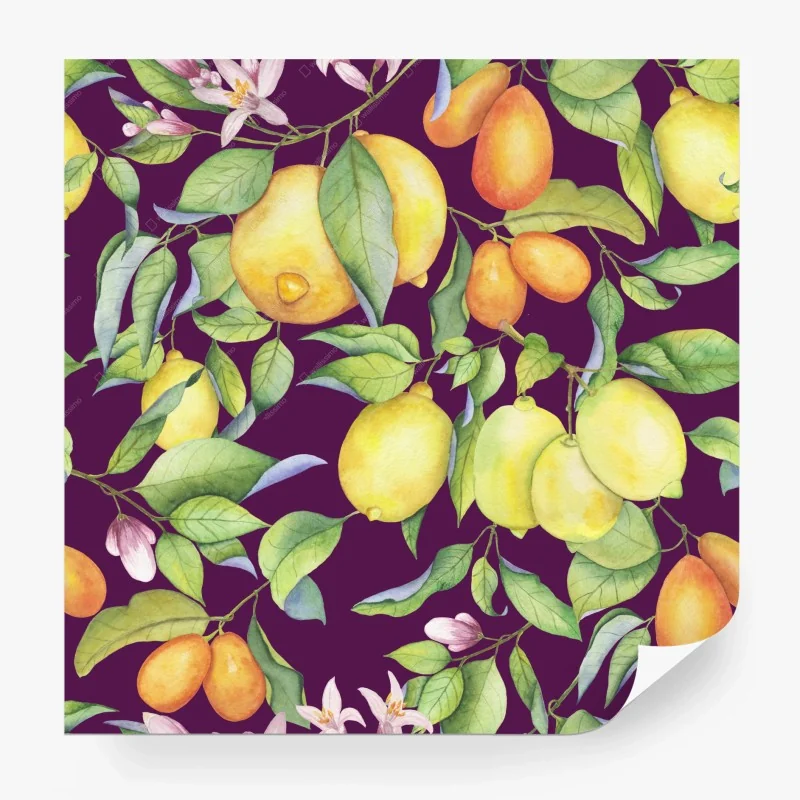 Carta da parati motivo di agrumi e foglie su sfondo viola