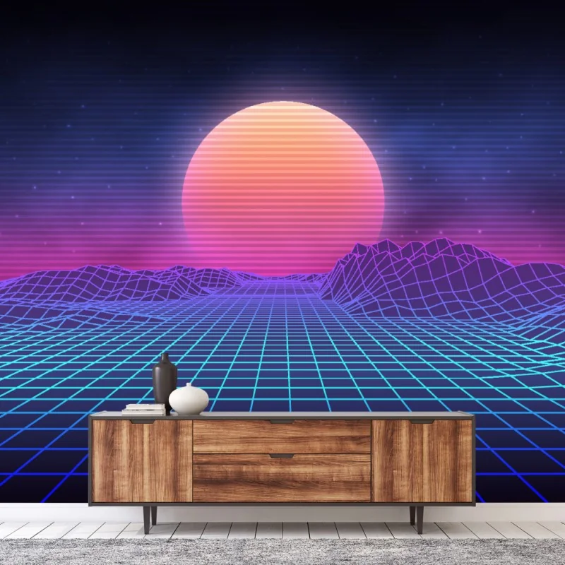 Carta da parati paesaggio retrofuturistico synthwave al tramonto