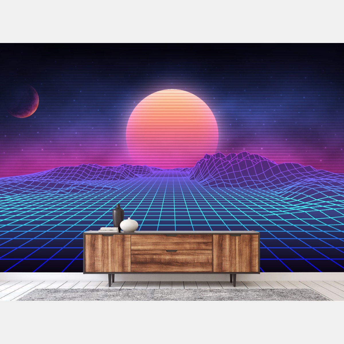 Carta da parati paesaggio retrofuturistico synthwave al tramonto • Wallissimo®