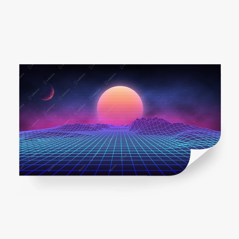 Carta da parati paesaggio retrofuturistico synthwave al tramonto • Wallissimo®