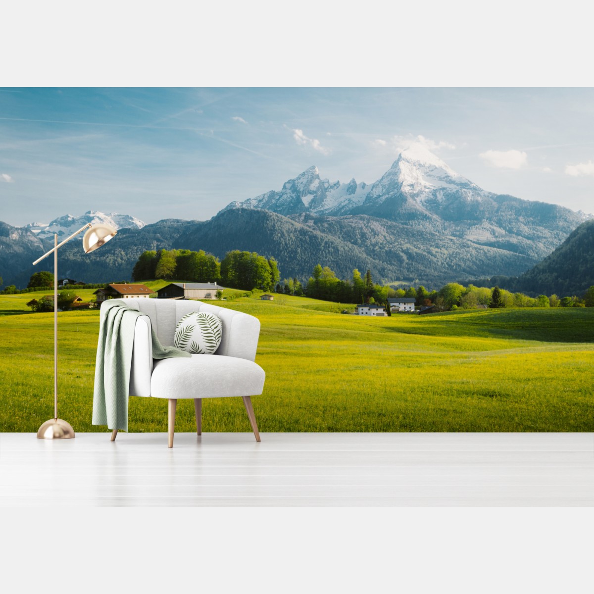 Carta da parati panorama alpino primaverile con prati fioriti • Wallissimo® Carta da parati panorama alpino primaverile con prati fioriti • Wallissimo®