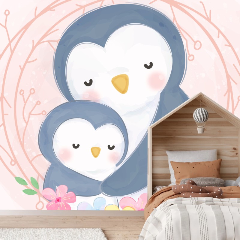 Carta da parati abbraccio di pinguini con fiori