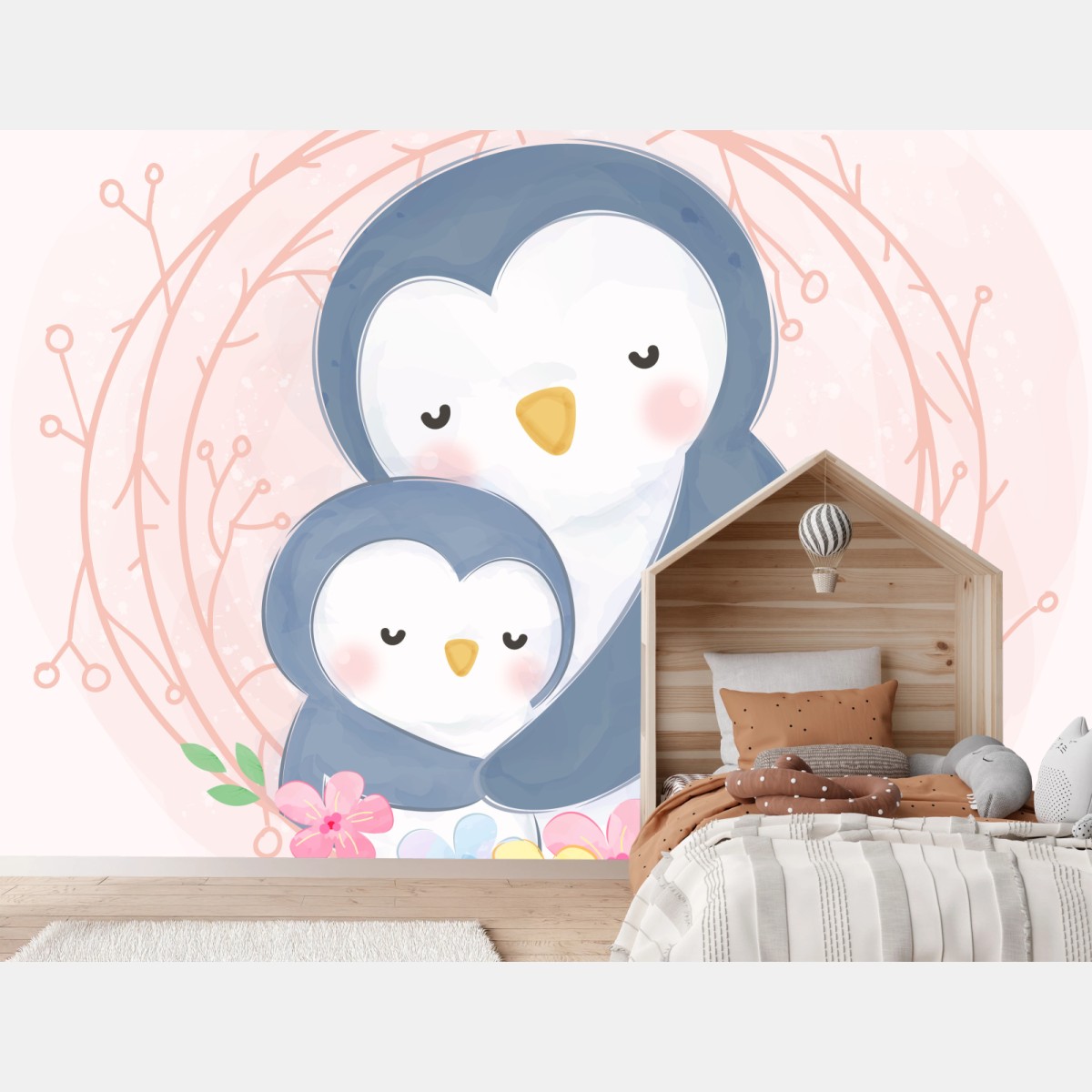 Carta da parati abbraccio di pinguini con fiori • Wallissimo®