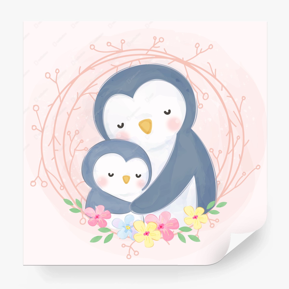 Carta da parati abbraccio di pinguini con fiori • Wallissimo®