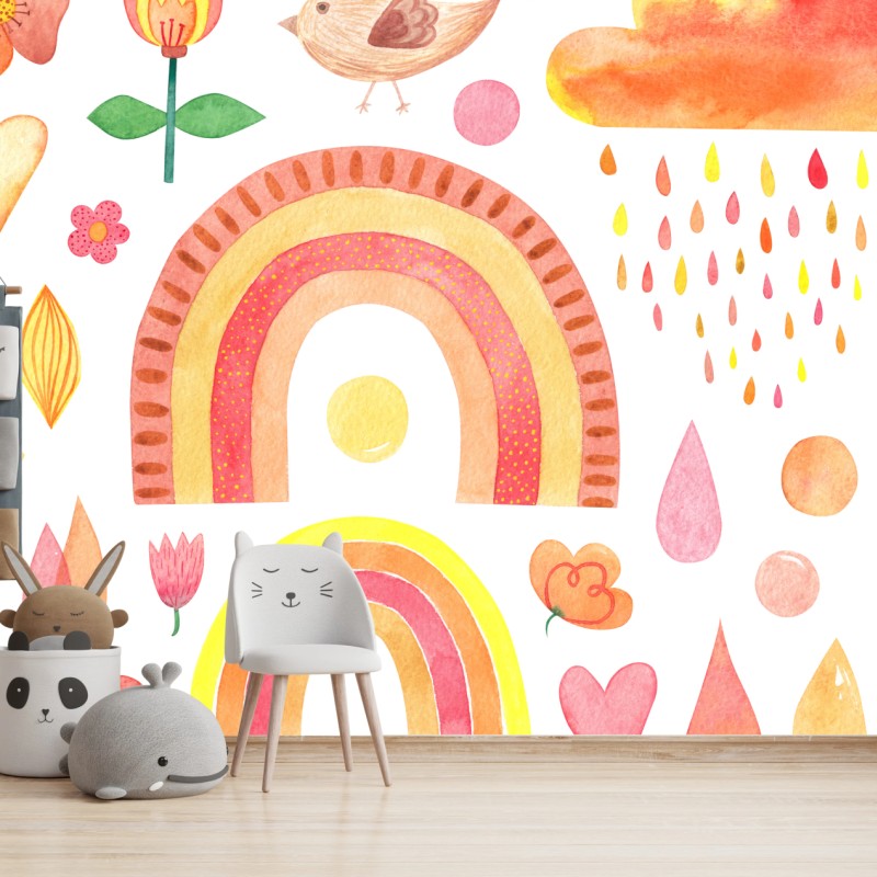 Carta da parati arcobaleni e cuori acquerellati in stile scandinavo