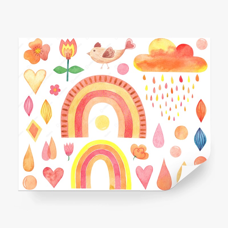 Carta da parati arcobaleni e cuori acquerellati in stile scandinavo