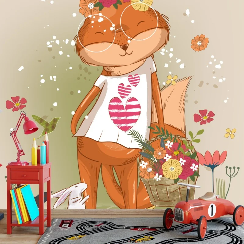 Carta da parati volpina fiorita con cestino di fiori