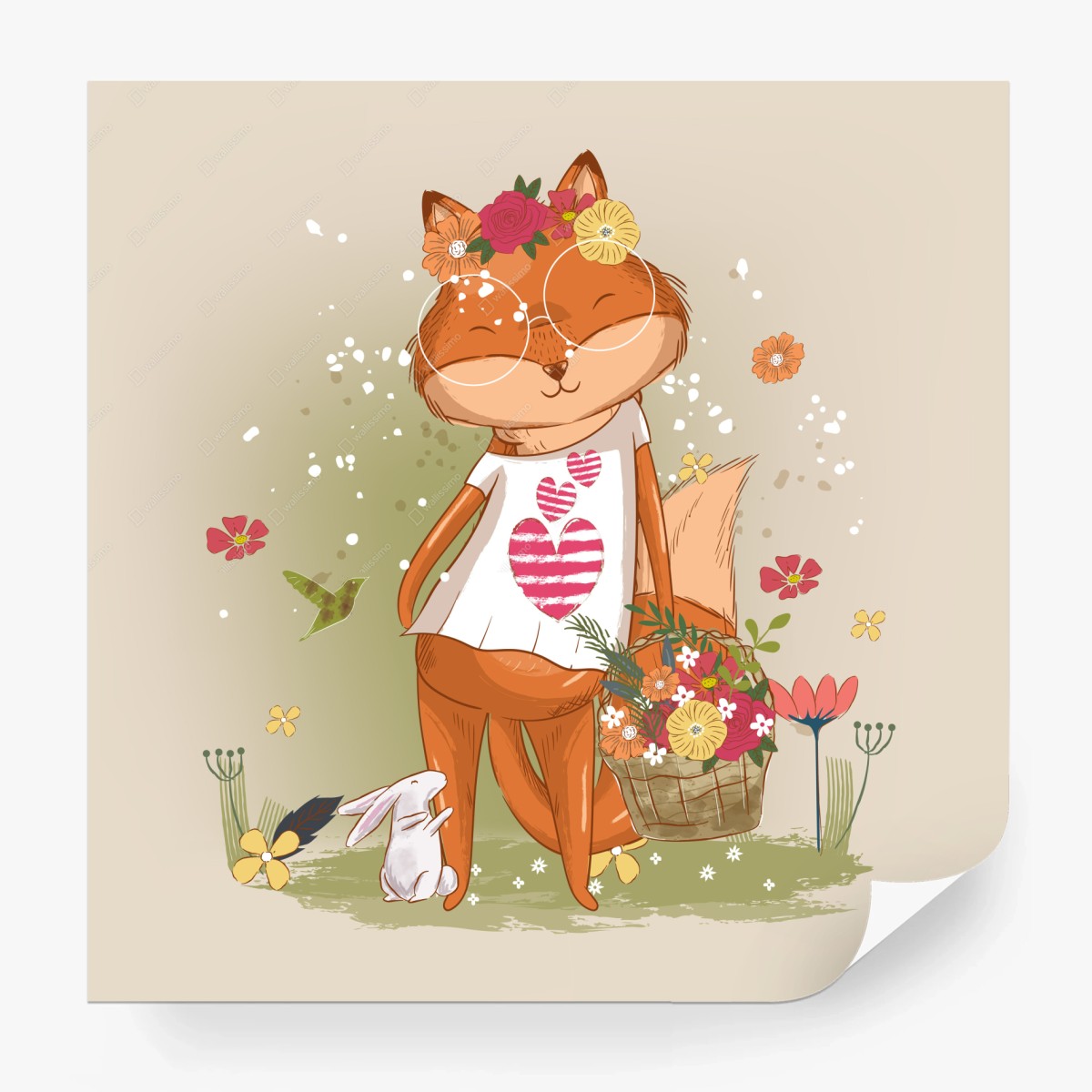 Carta da parati volpina fiorita con cestino di fiori • Wallissimo®