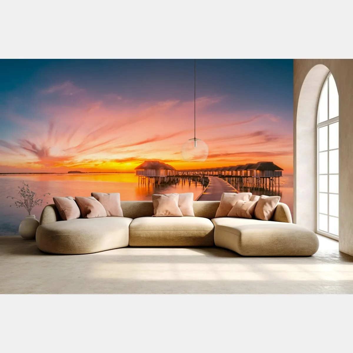 Carta da parati passerella verso bungalow sull'acqua al tramonto • Wallissimo® Carta da parati passerella verso bungalow sull'acqua al tramonto • Wallissimo®